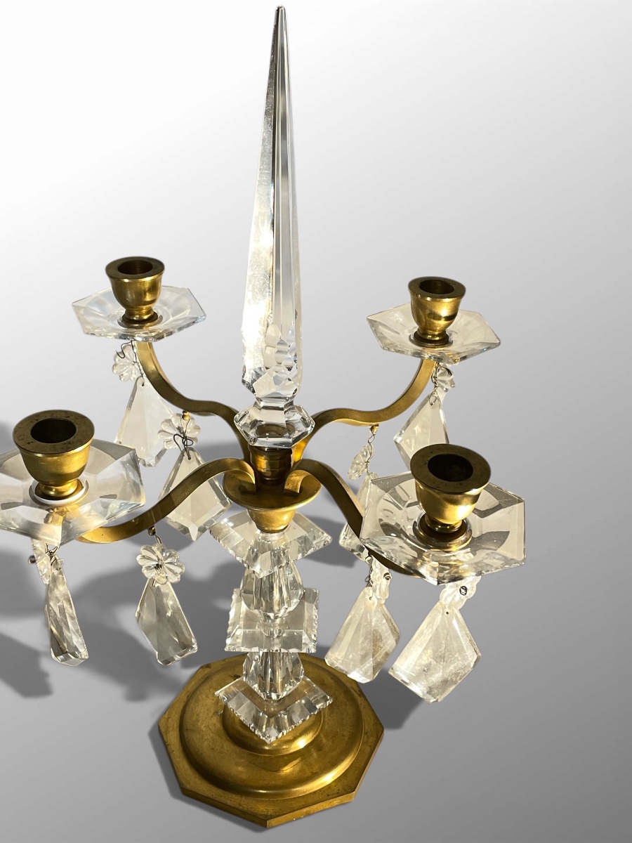 Pair Of Girandoles By Baccarat Circa 1940, Crystal And Bronze-photo-3
