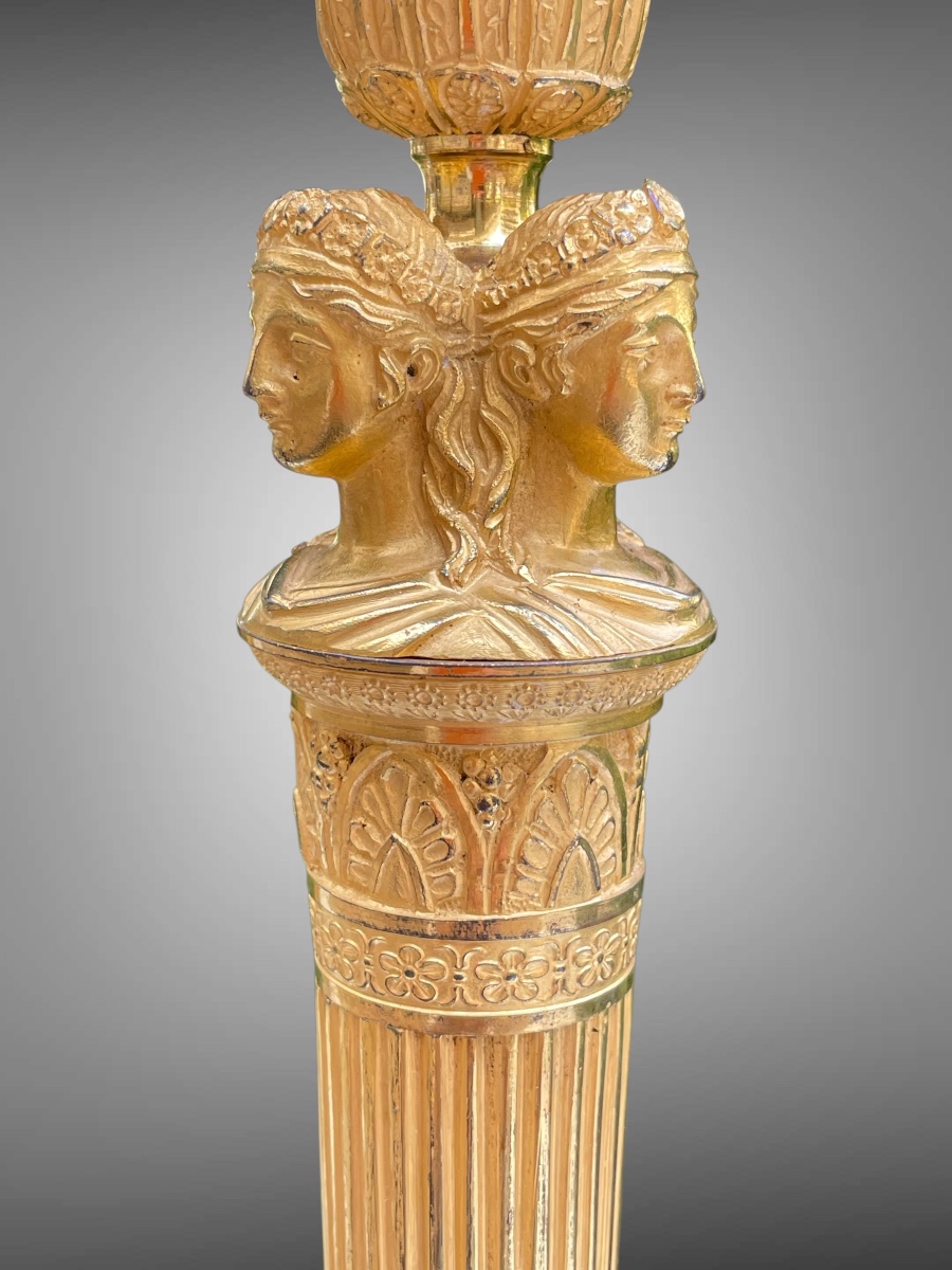 Paire de bougeoirs en bronze doré époque premier Empire.-photo-2