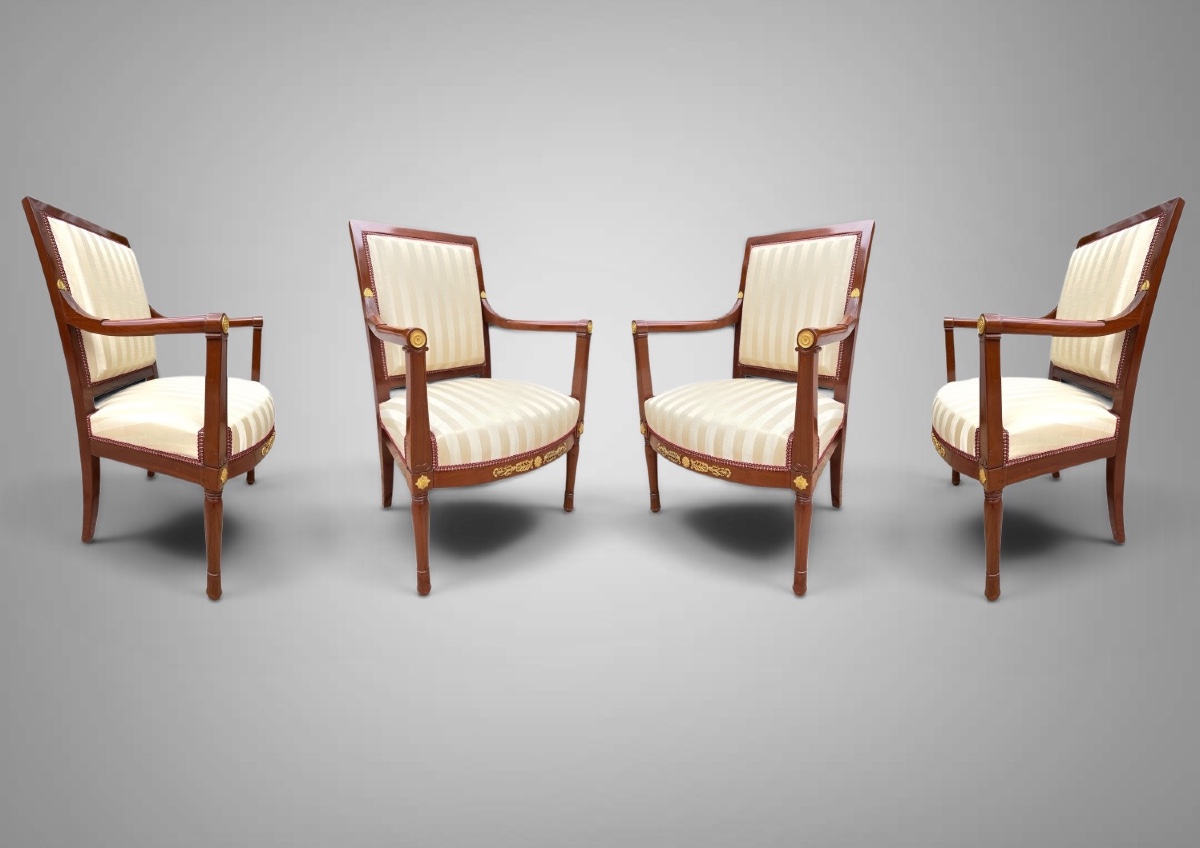 Suite Of Four Mahogany Armchairs From The Consulat Period.