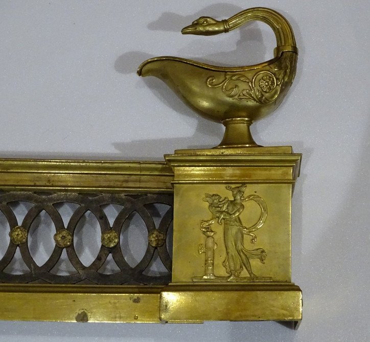 Barre De Foyer En Bronze Doré. Epoque Premier Empire. Décor -photo-2