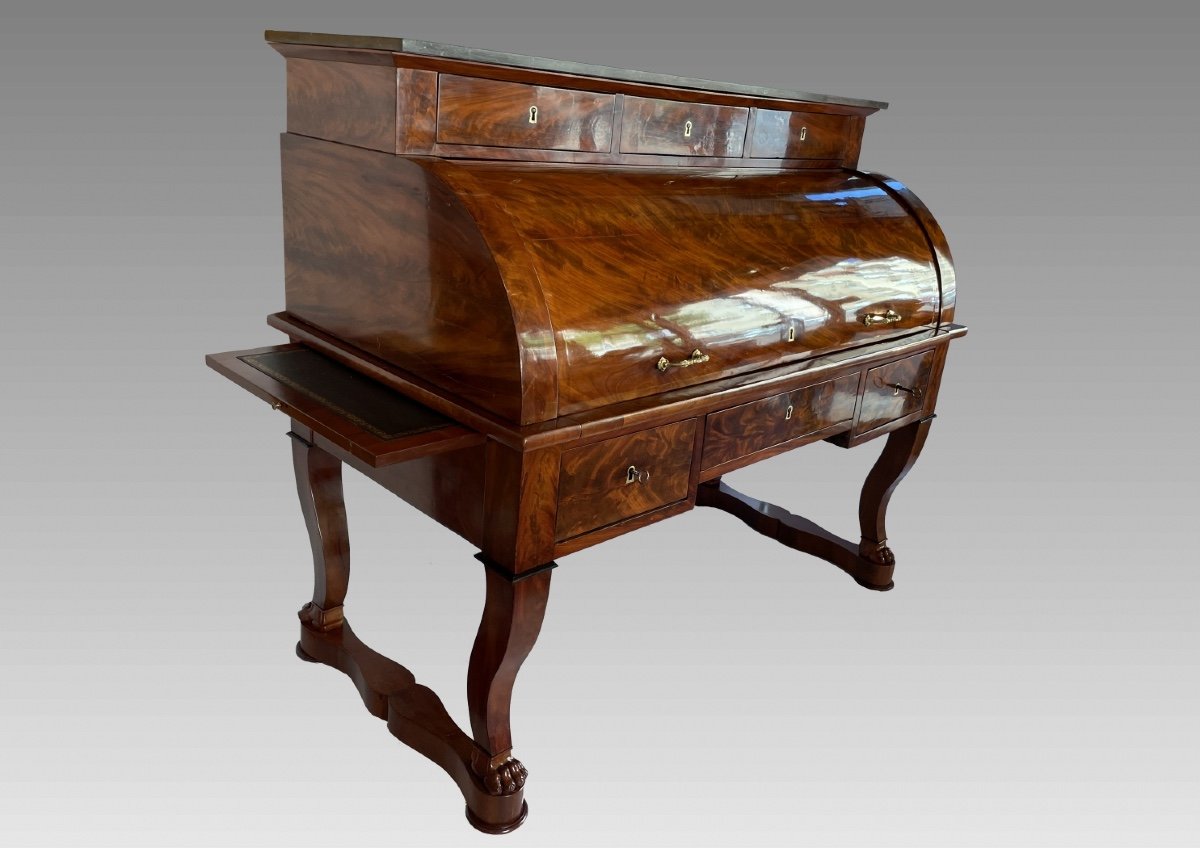 Cylinder Desk In Mahogany And Mahogany Veneer. Period End Of The First Empire-photo-2