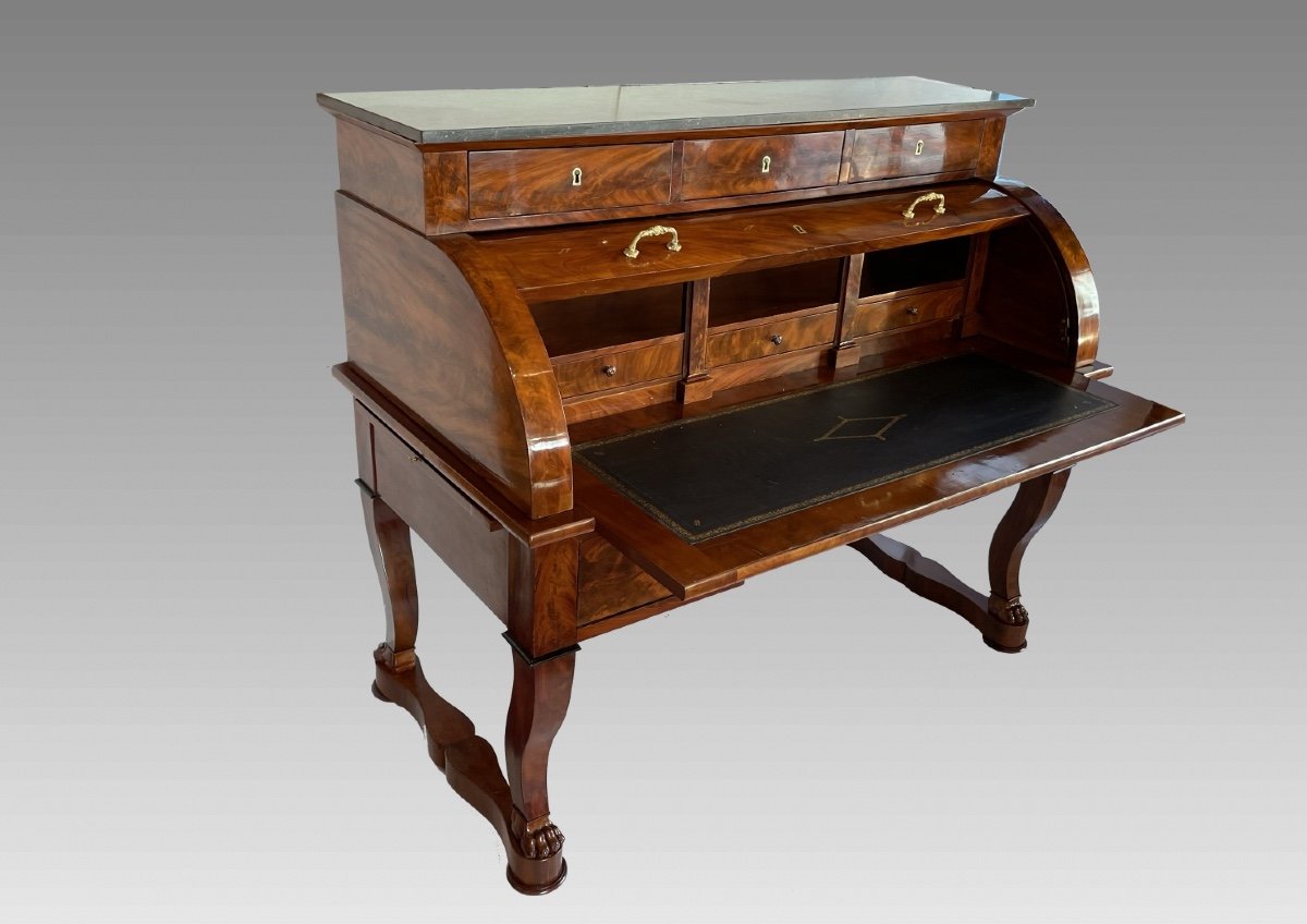Cylinder Desk In Mahogany And Mahogany Veneer. Period End Of The First Empire