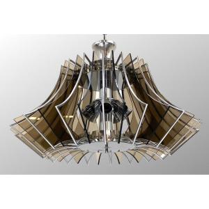 Vintage Chrome Metal Chandelier And Smoked Glass Plates. Italian Design From The 80's. Diameter 80cm