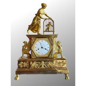 First Empire Period Clock "love In A Cage". Gilt Bronze.