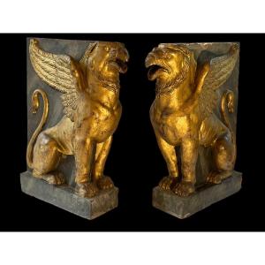 Pair Of Griffins In Golden Terracotta And Painted In Imitation Of Marble. Period Early 19th Century.