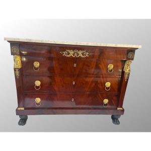 Mahogany Chest Of Drawers. Golden Bronzes. Blue Veined White Marble Top. First Empire Period