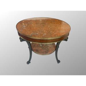 “gryphons” Pedestal Tables. Mahogany And Breccia Marble Tops. First Empire Period.