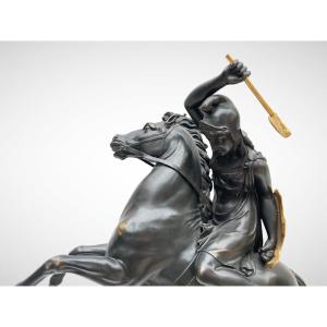 Patinated And Gilded Bronze, Empire Period. Amazon In Combat On Her Horse.