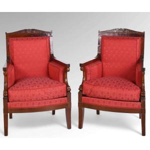 Paire de bergères en acajou époque premier Empire. 