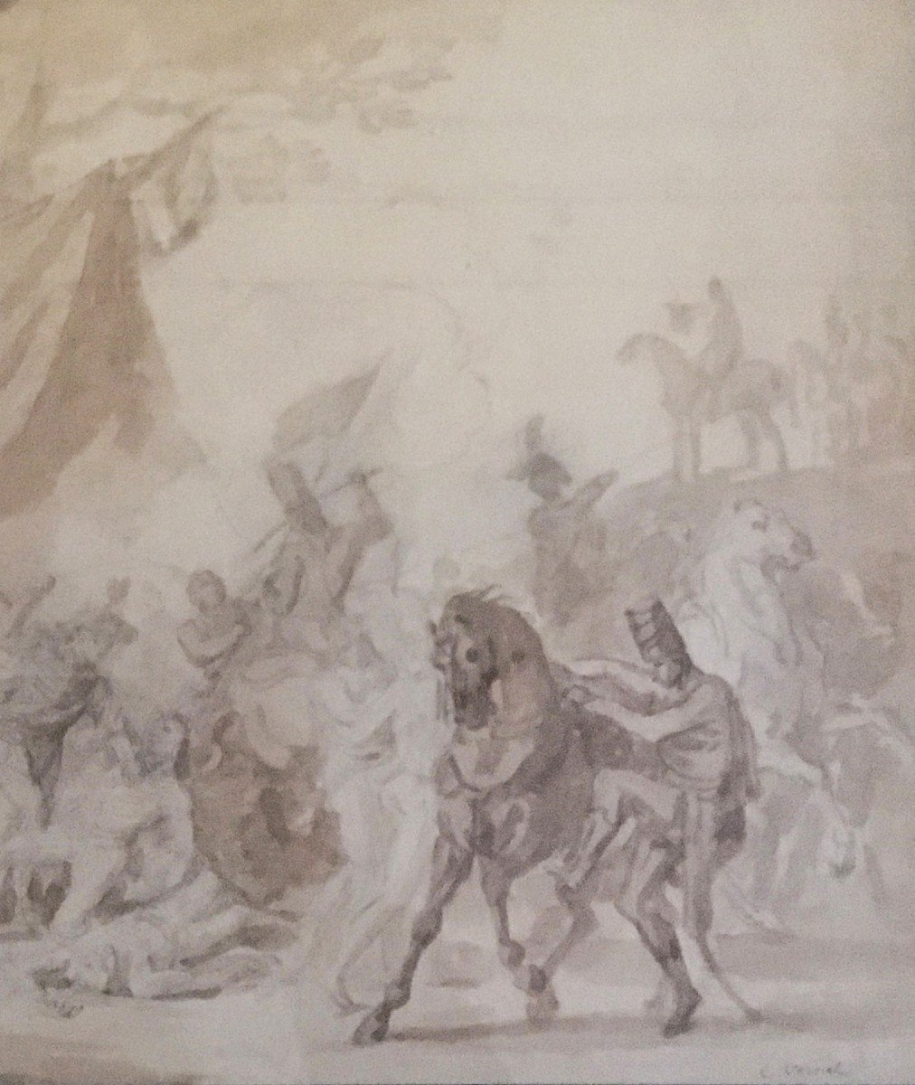 Vernet Carle (1758-1836) "battle Scene" Brown Wash Drawing, 19th Century Frame-photo-3