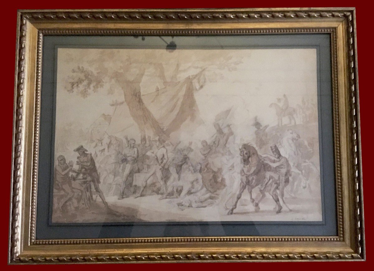 Vernet Carle (1758-1836) "battle Scene" Brown Wash Drawing, 19th Century Frame