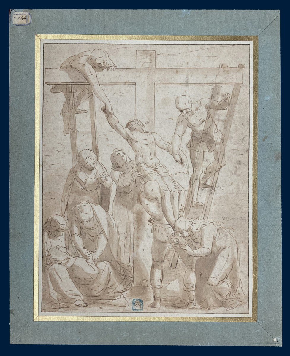 Italian School 16th Century "the Descent From The Cross" Drawing/pen & Brown Wash, Provenance/stamp