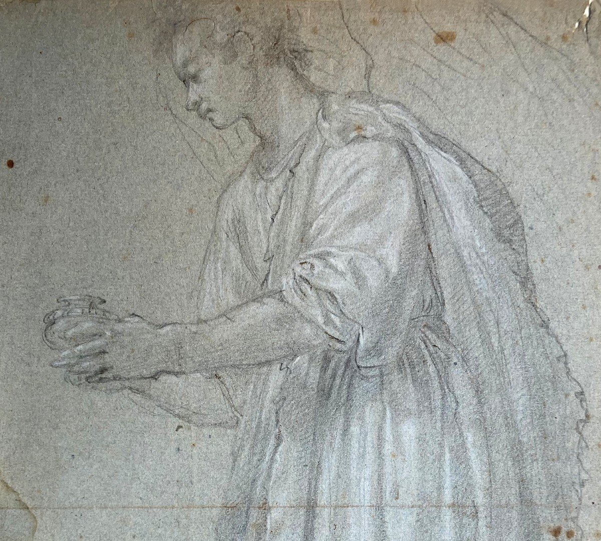 Italian School Florence 17th "draped Character/an Angel" 2 Drawings Front/back, Black Chalk-photo-2