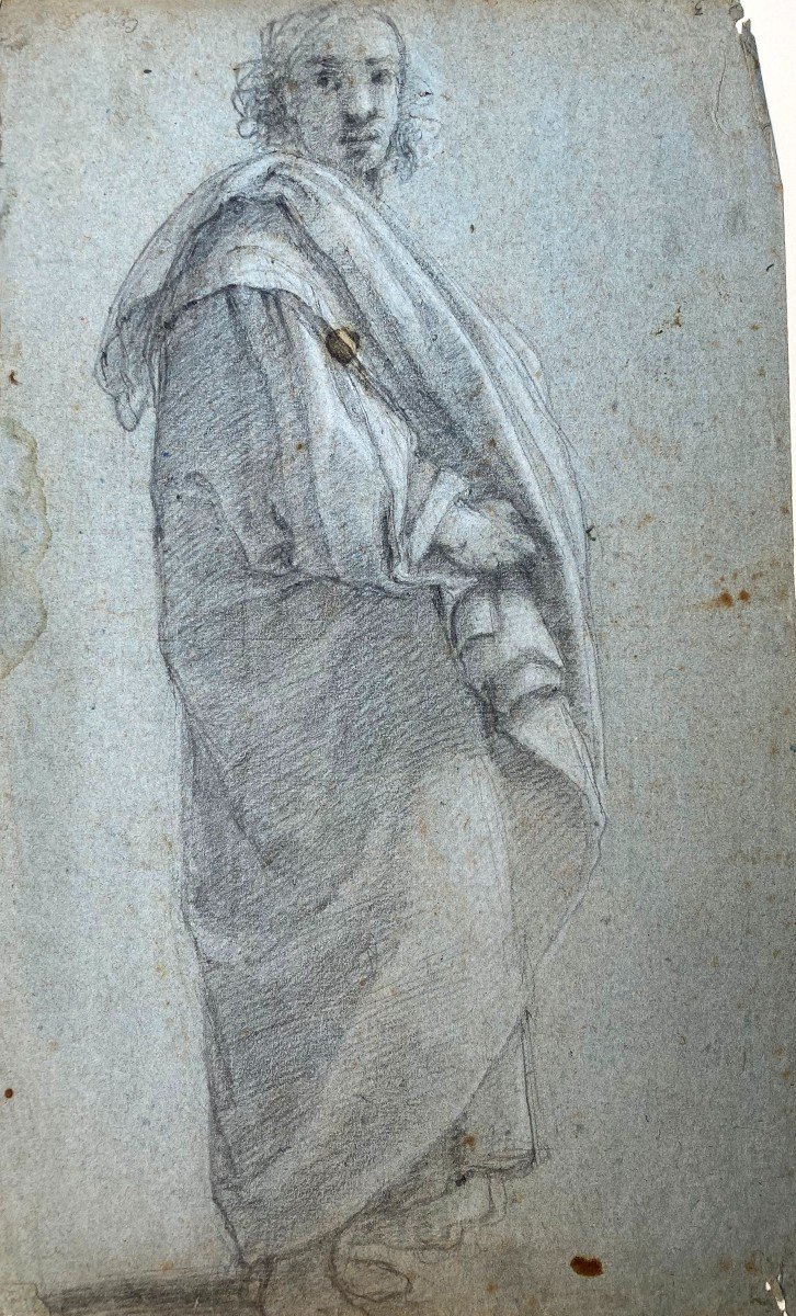 Italian School Florence 17th "draped Character/an Angel" 2 Drawings Front/back, Black Chalk-photo-3