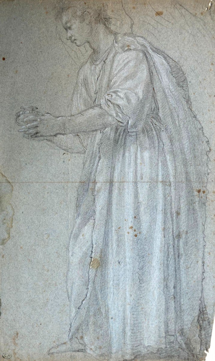 Italian School Florence 17th "draped Character/an Angel" 2 Drawings Front/back, Black Chalk