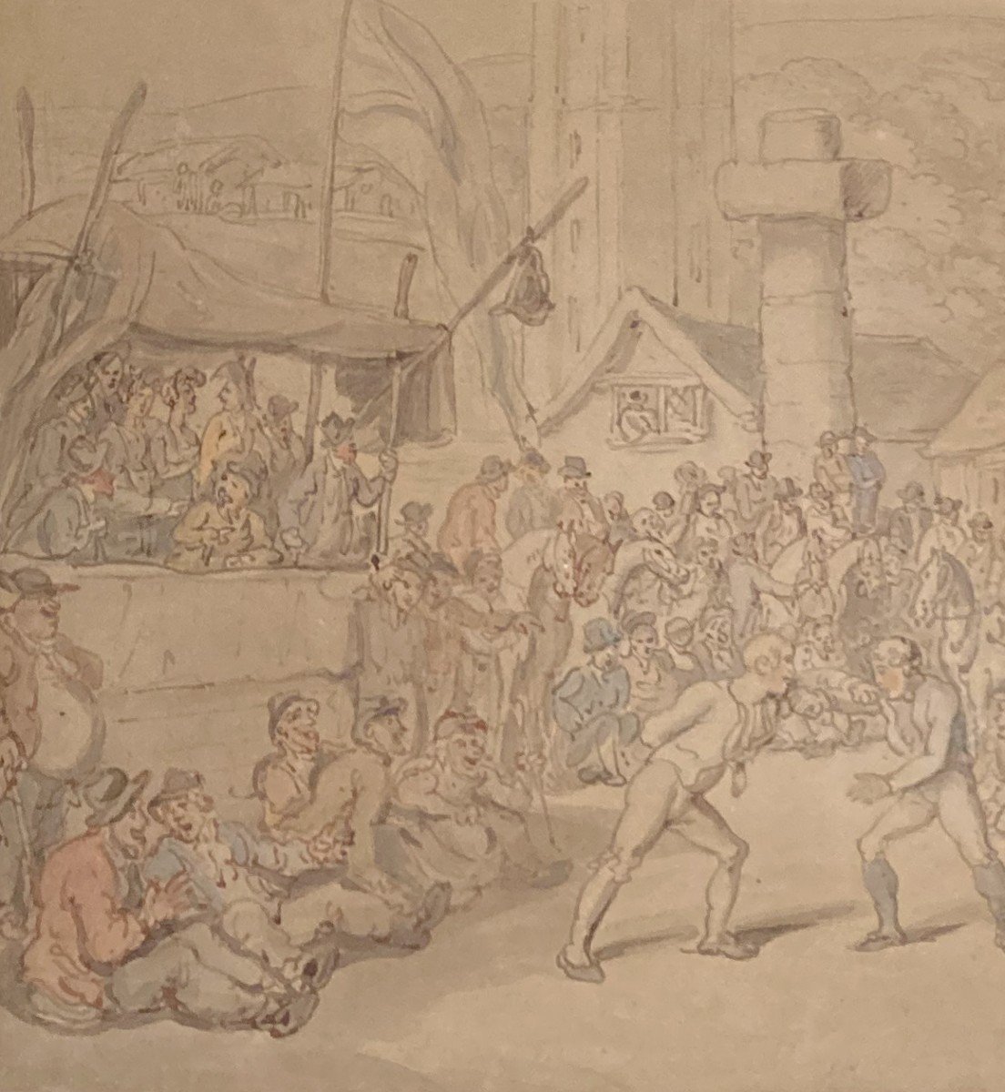 Rowlandson Thomas (1756-1827) English School "the Wrestlers" Drawing/pen And Watercolor-photo-2