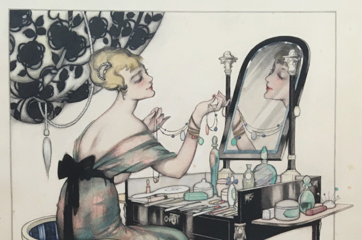 Fontan Léo (1884-1965) "elegant At The Mirror" Drawing In Black Pencil And Watercolor, Signed-photo-2