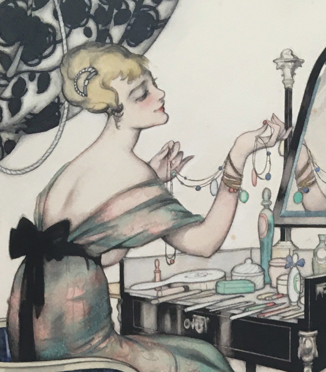 Fontan Léo (1884-1965) "elegant At The Mirror" Drawing In Black Pencil And Watercolor, Signed-photo-4