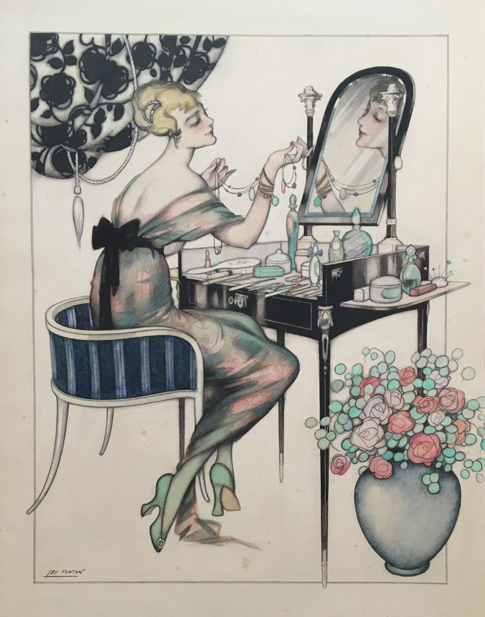 Fontan Léo (1884-1965) "elegant At The Mirror" Drawing In Black Pencil And Watercolor, Signed