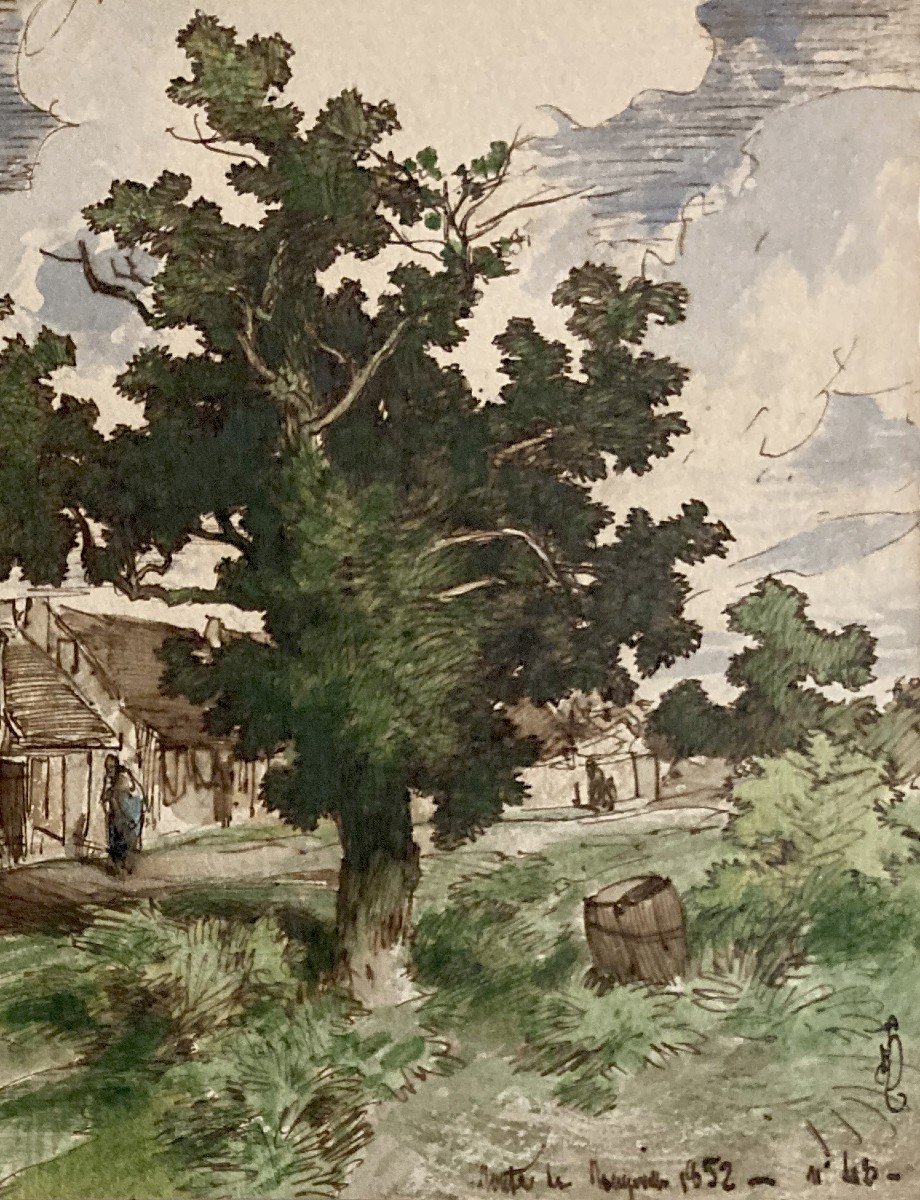 Hervier Adolphe (1818-1879) &quot;cottages&quot; Pen And Watercolor Drawing, Monogrammed And Dated-photo-3