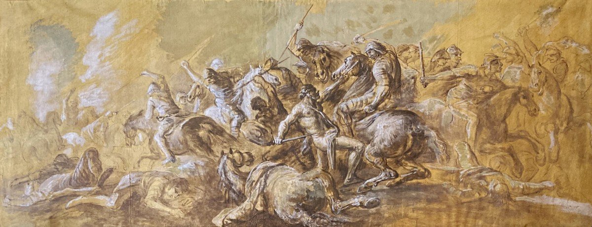 Simonini Francesco (1686-1753), Attr. To "clash Of Cavalry" Drawing/brown Wash, White Gouache-photo-2