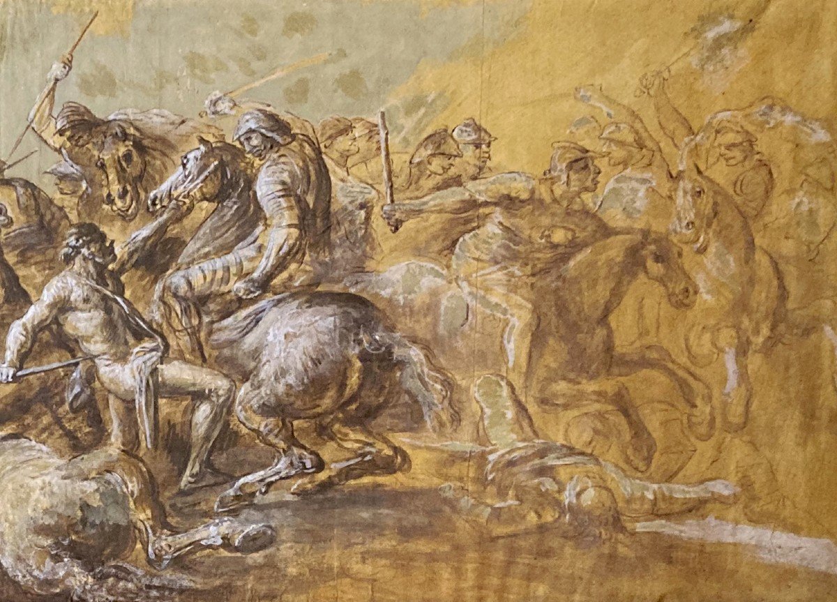 Simonini Francesco (1686-1753), Attr. To "clash Of Cavalry" Drawing/brown Wash, White Gouache-photo-4