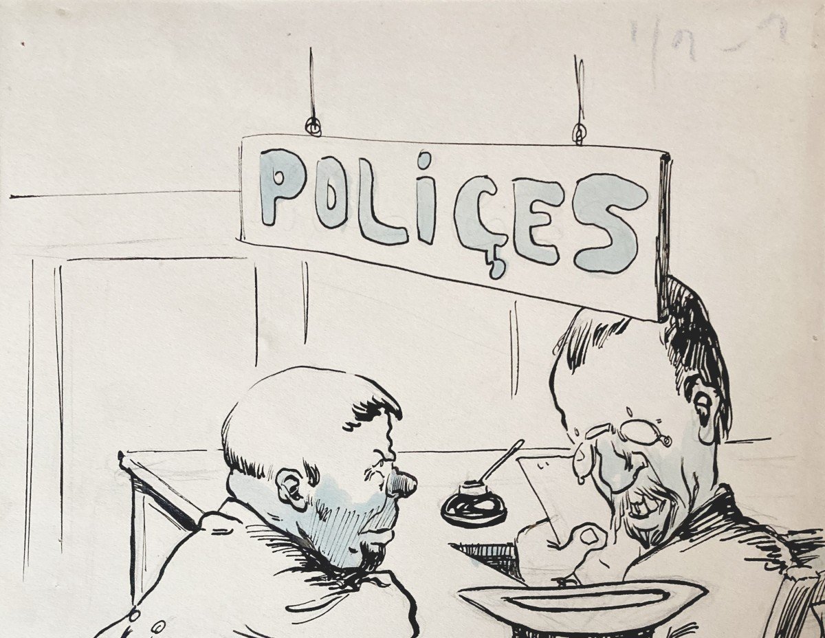 Bofa Gus (1883-1968) "insurance Police Caricature" Drawing/pen, Ink, Blue Highlights, Signed-photo-2