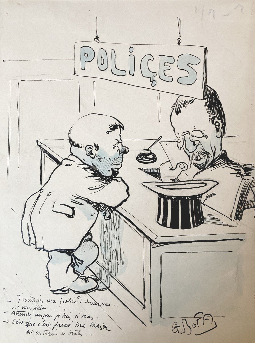 Bofa Gus (1883-1968) "insurance Police Caricature" Drawing/pen, Ink, Blue Highlights, Signed