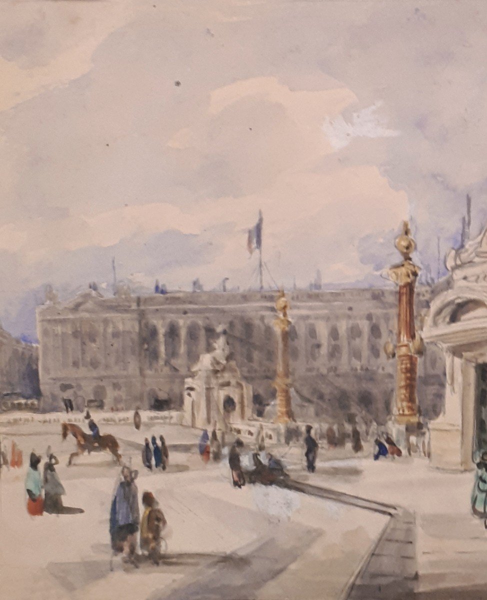 French School Circa 1850 "place De La Concorde In Paris" Drawing/watercolor, Provenance, Stamp-photo-2