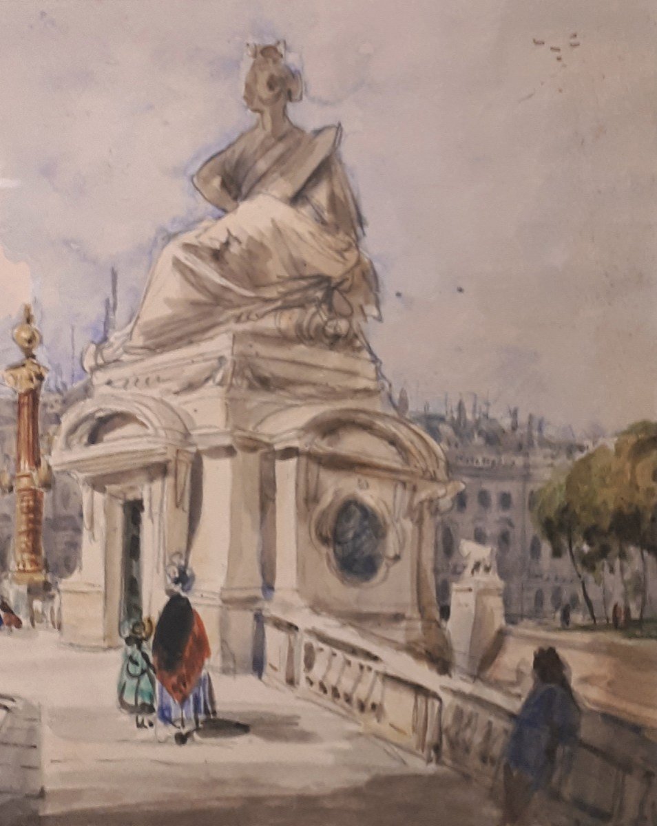 French School Circa 1850 "place De La Concorde In Paris" Drawing/watercolor, Provenance, Stamp-photo-3