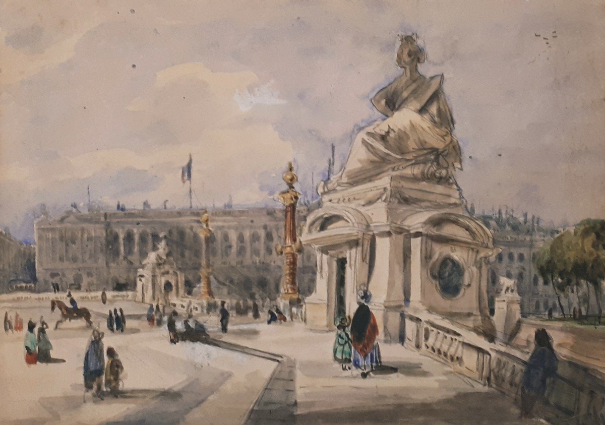 French School Circa 1850 "place De La Concorde In Paris" Drawing/watercolor, Provenance, Stamp