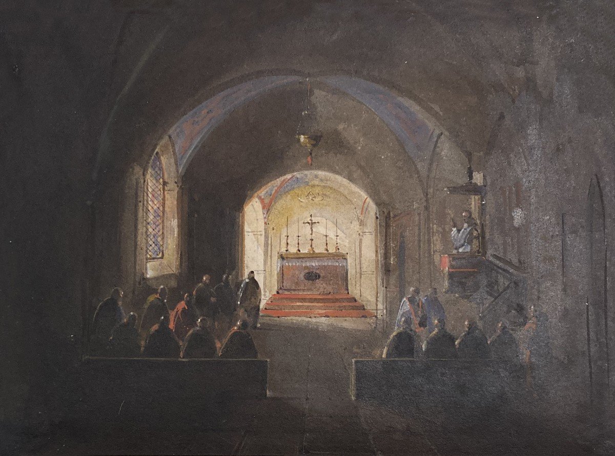 CLERIAN Noël-Joseph-Thomas (1796-1842) "L'office religieux" Dessin/Aquarelle et gouache, Signé