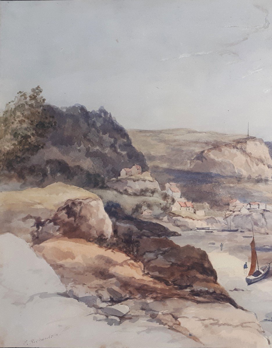 RICHARDSON Thomas (1784-1848) Ecole Anglaise "Vue côtière animée" Dessin à l'aquarelle, Signé-photo-2