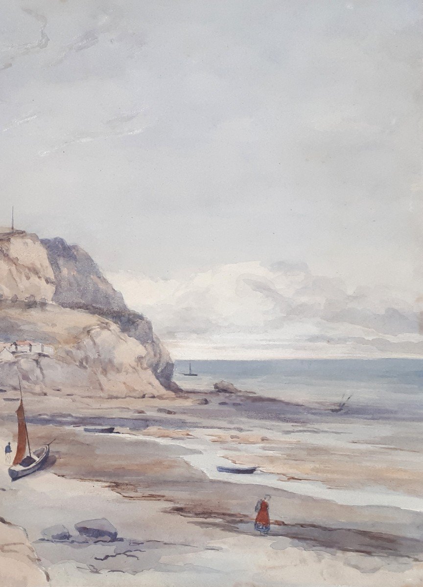 RICHARDSON Thomas (1784-1848) Ecole Anglaise "Vue côtière animée" Dessin à l'aquarelle, Signé-photo-3