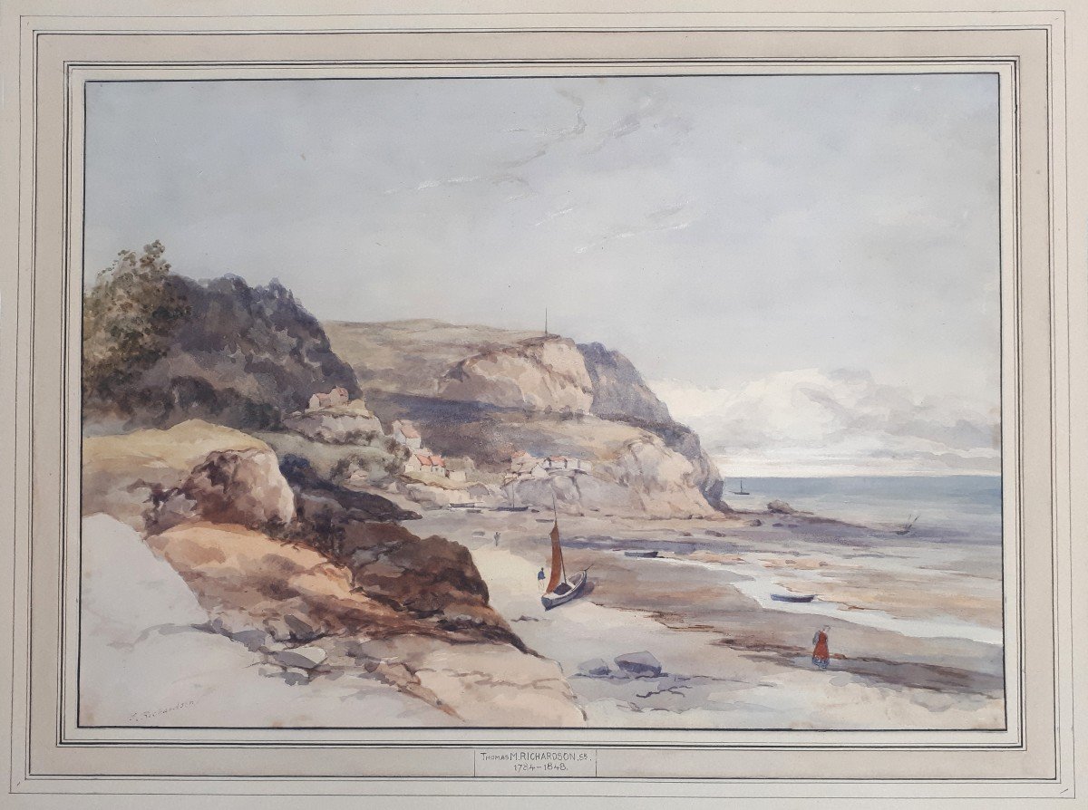 RICHARDSON Thomas (1784-1848) Ecole Anglaise "Vue côtière animée" Dessin à l'aquarelle, Signé
