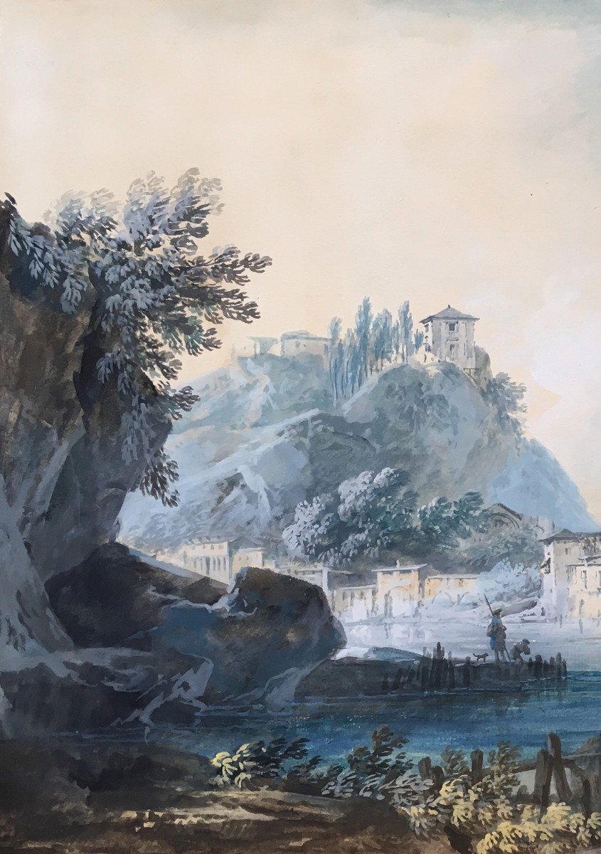 NOËL Alexandre Jean (1752-1834) "Paysage marin" Gouache, Cadre du début 19e siècle-photo-2
