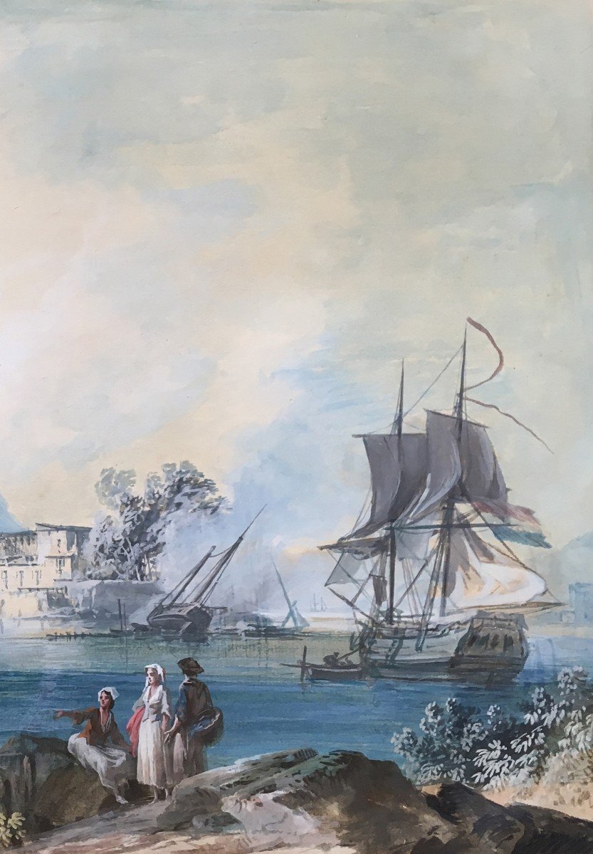 NOËL Alexandre Jean (1752-1834) "Paysage marin" Gouache, Cadre du début 19e siècle-photo-3