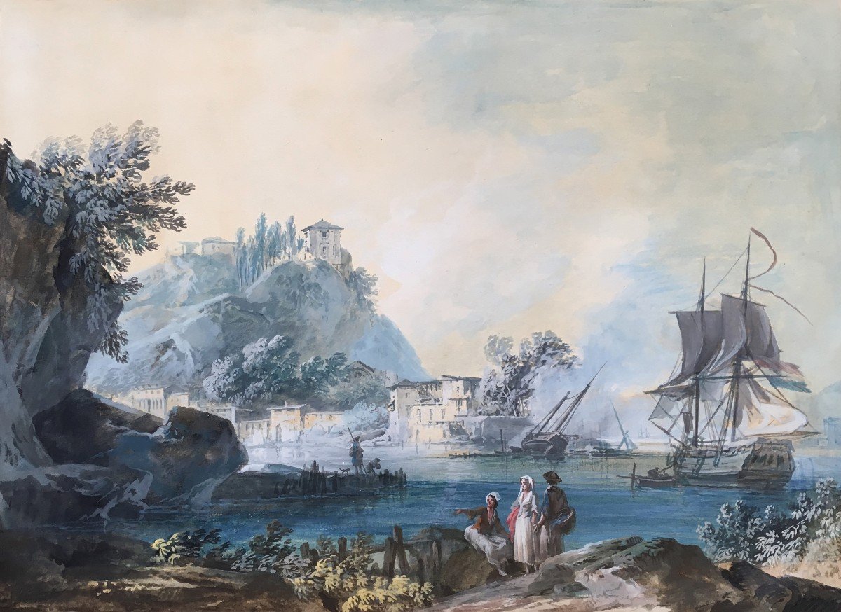 Noël Alexandre Jean (1752-1834) "seascape" Gouache, Early 19th Century Frame