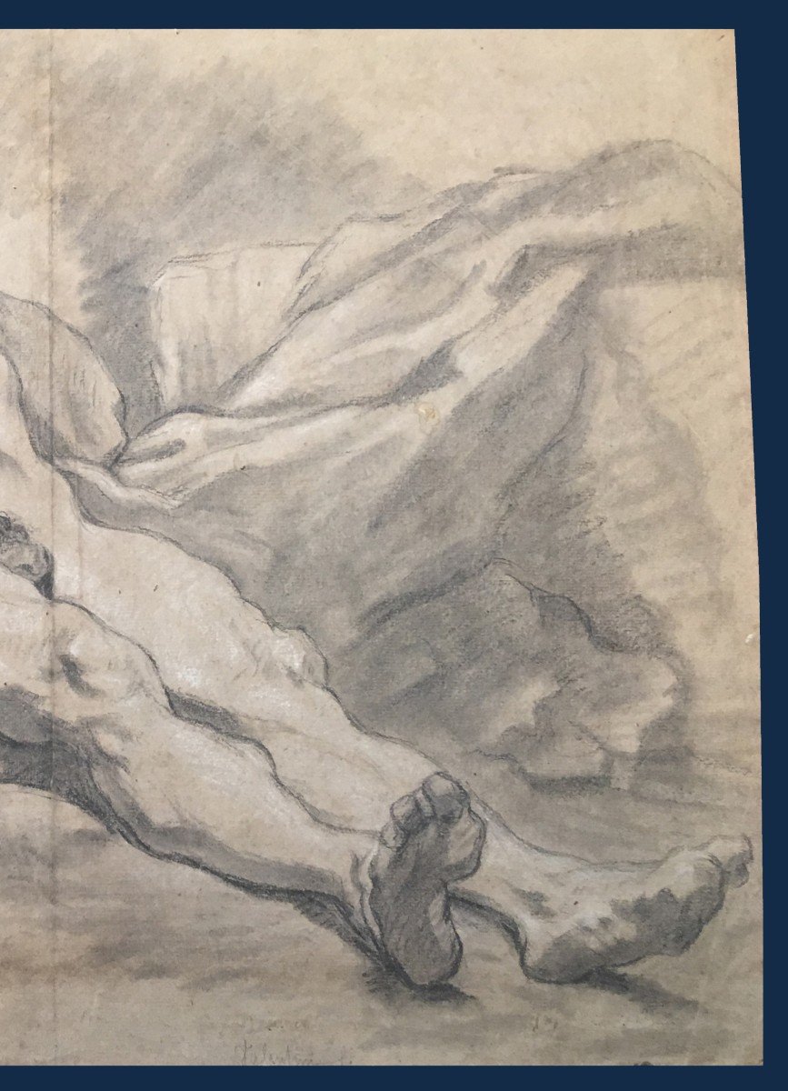 French School 18th Century "academy Of Reclining Man" Drawing In Black Chalk And White Chalk-photo-3