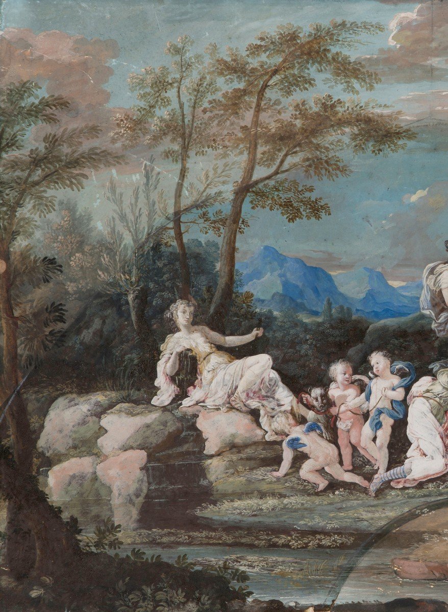French School Late 17th/early 18th Century "diane Et Apollon" Gouache Drawing, 18th Frame-photo-2