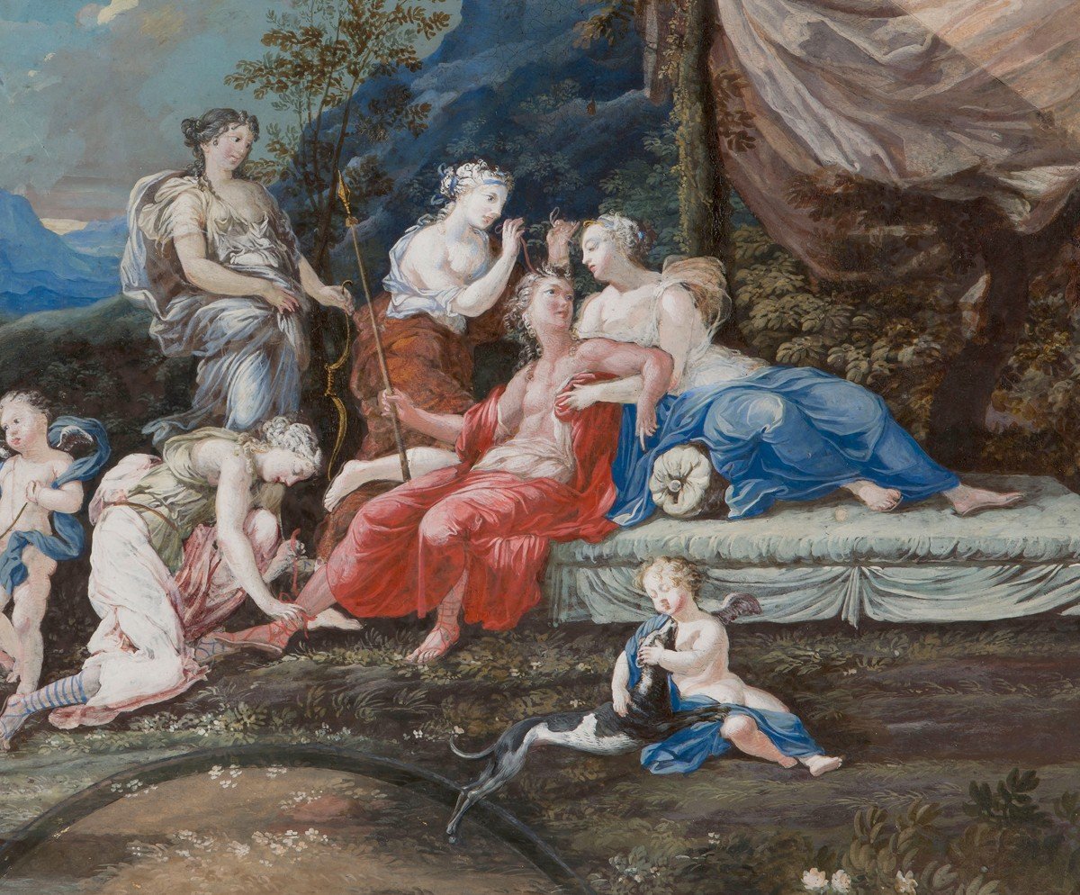 French School Late 17th/early 18th Century "diane Et Apollon" Gouache Drawing, 18th Frame-photo-4