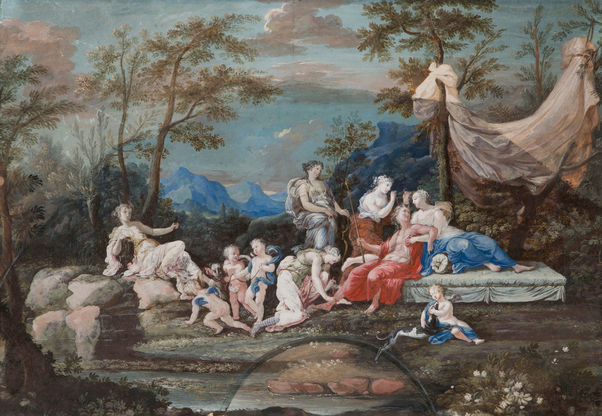 French School Late 17th/early 18th Century "diane Et Apollon" Gouache Drawing, 18th Frame