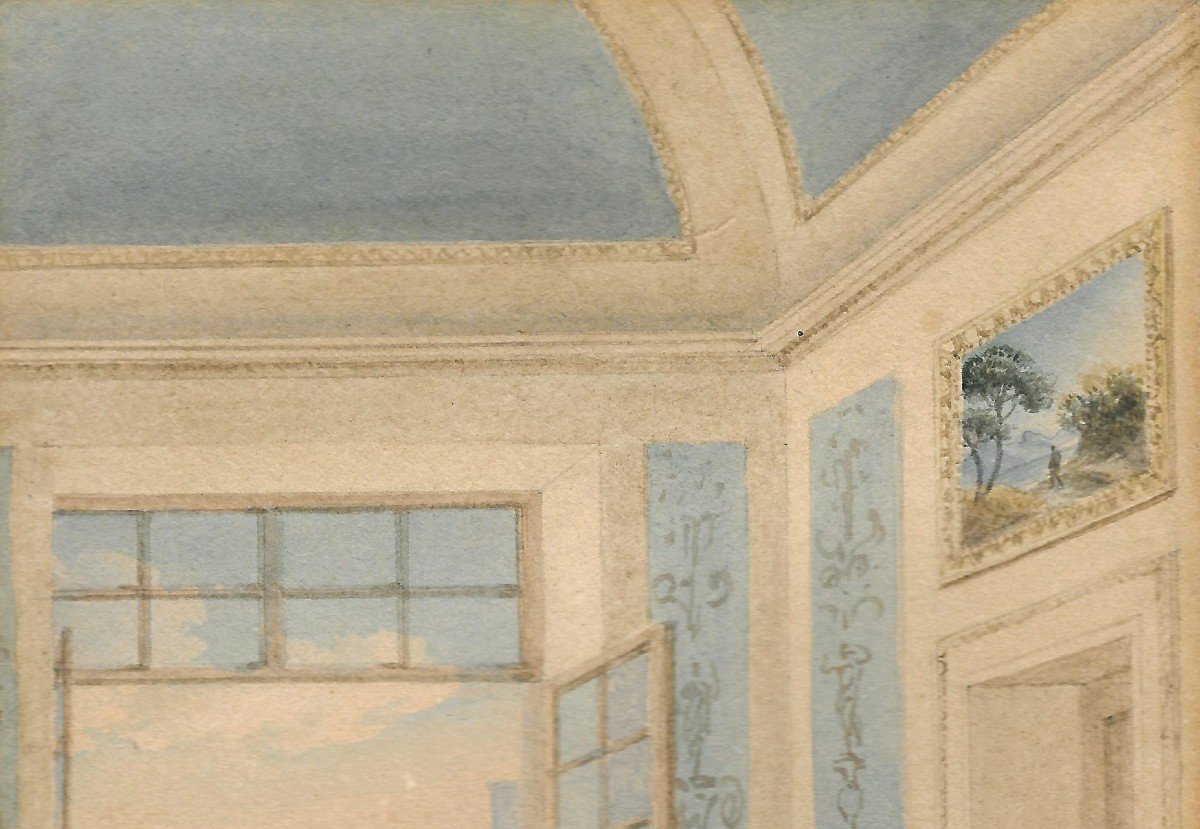 Nicolle Victor-jean (1754-1826)"characters/palace Looking At Landscape"watercolor, Signed,frame-photo-2