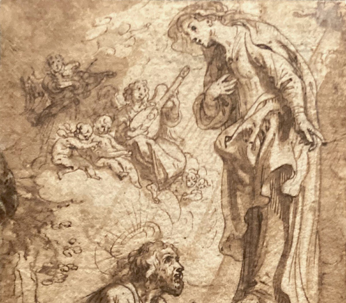 DIEPENBECK Abraham Van (1596-1675) "Apparition de la Vierge à un Saint" Dessin/Plume,lavis brun-photo-2