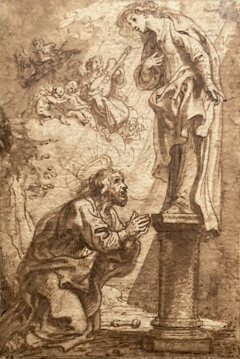 DIEPENBECK Abraham Van (1596-1675) "Apparition de la Vierge à un Saint" Dessin/Plume,lavis brun