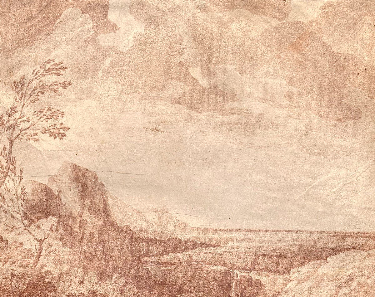 French School 18th "landscape At The River" Drawing/red Chalk, Attribution To Louis Chays-photo-2