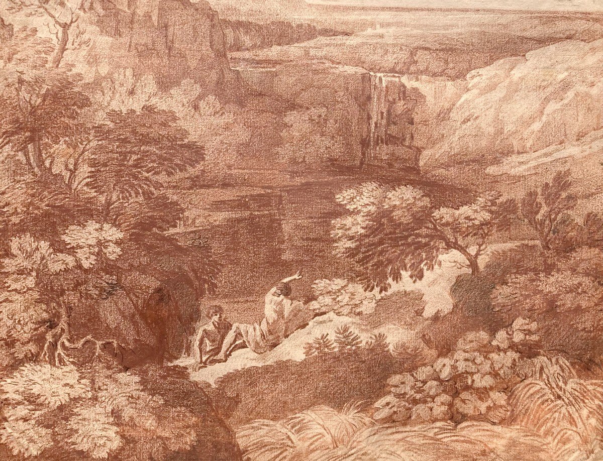 French School 18th "landscape At The River" Drawing/red Chalk, Attribution To Louis Chays-photo-3