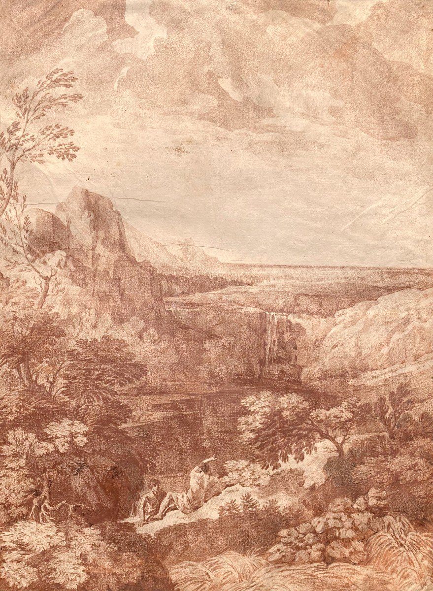 ECOLE FRANCAISE 18E "Paysage à la rivière" Dessin/crayon sanguine, Attribution à Louis CHAYS