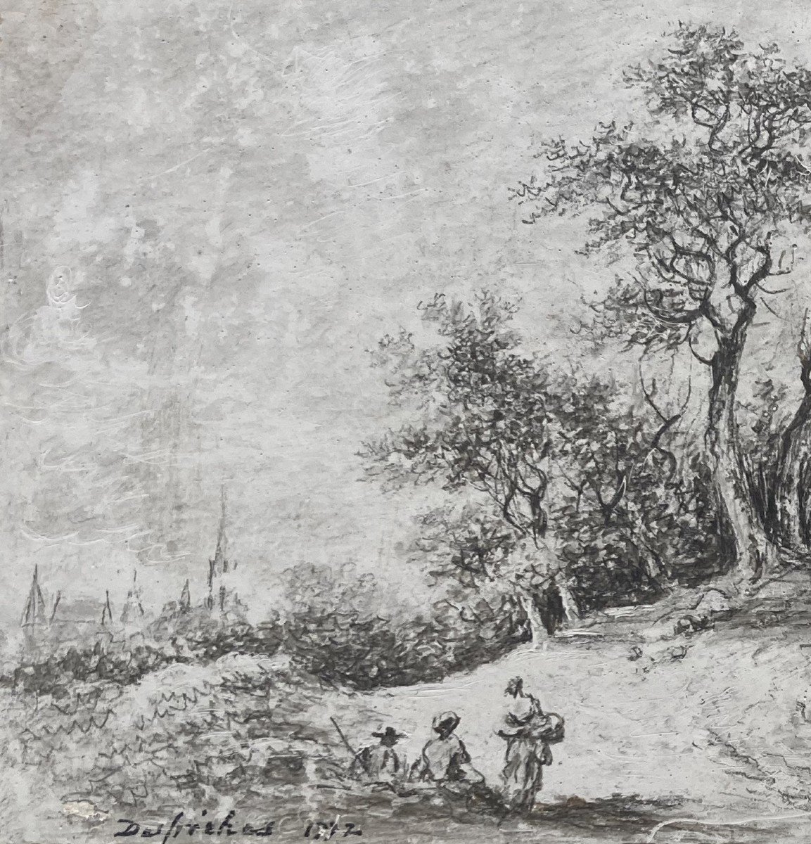 Desfrisches Aignan-thomas(1715-1800)"animated Landscape & Rider"drawing/blackchalk,signed,dated-photo-2
