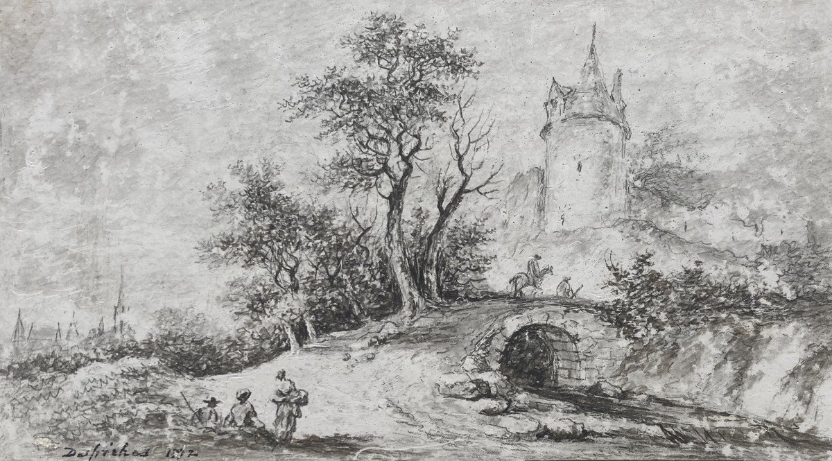 Desfrisches Aignan-thomas(1715-1800)"animated Landscape & Rider"drawing/blackchalk,signed,dated